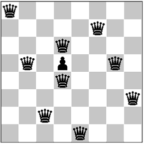 Figure 4: 9 queens on an 8-by-8 board with only a single pawn