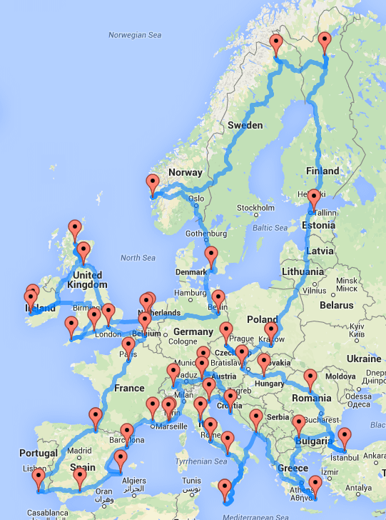 Figure 2: Road trip through Europe by genetic algorithm